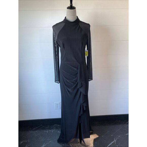 Betsy & Adam Women's Long Sheer Sleeve Mock NeckStretch Scuba Crepe Sheath Gown - Picture 3 of 14